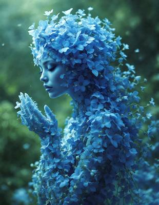 The primary subject of the image is a woman with blue hair and a blue dress, who is wearing a blue flower crown. She is standing in a forest, surrounded by greenery. The visual style of the image is digital art, with the woman's blue hair and dress, as well as the blue flowers, appearing to be digitally rendered. The colors and mood of the image are predominantly blue, creating a serene and peaceful atmosphere.